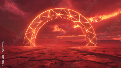 Neon Arch Illuminating a Desolate Desert: A Scene from a Music Video