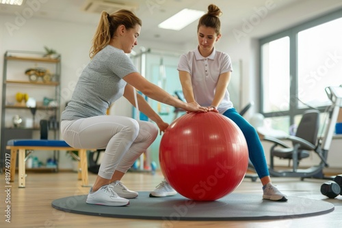A young woman performing balance exercises on a therapy ball with a focused physiotherapist guiding her posture in a well lit rehabilitation center