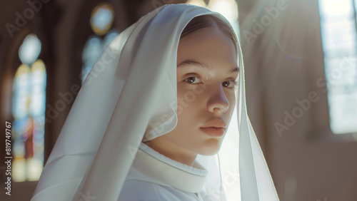 Young nun in contemplation, soft light blessing her ethereal presence.