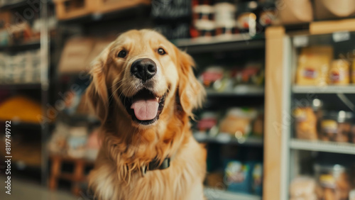 A joyful golden retriever poses in a pet-friendly store, its eyes shining with delight.
