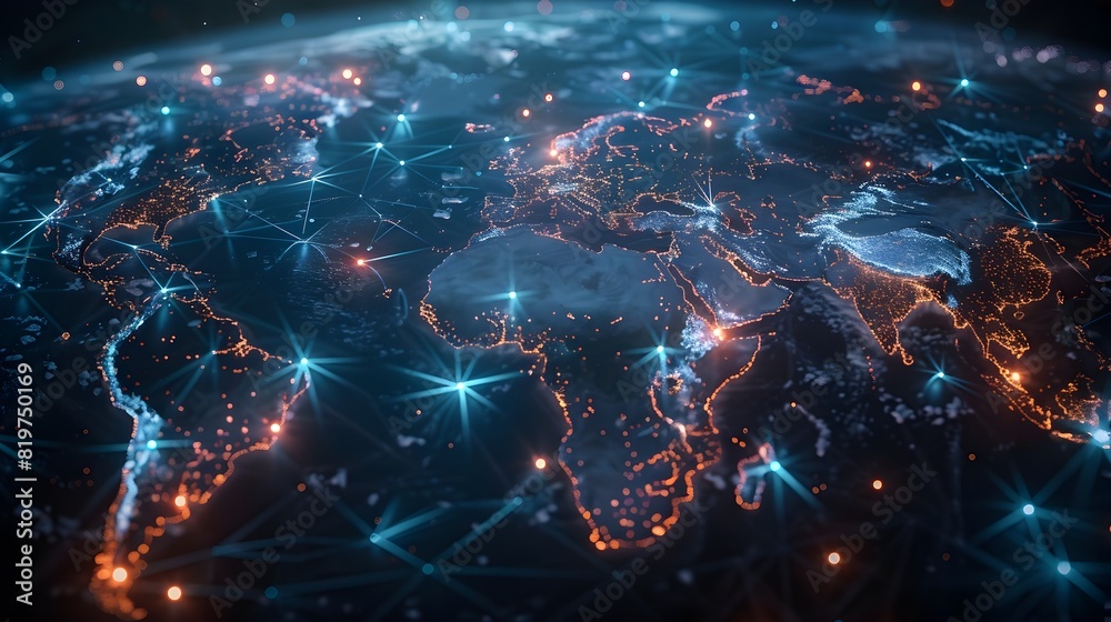 Luminous Global Data Exchange Map Intricate Infrastructure Illuminating a Moody Rainy Cityscape