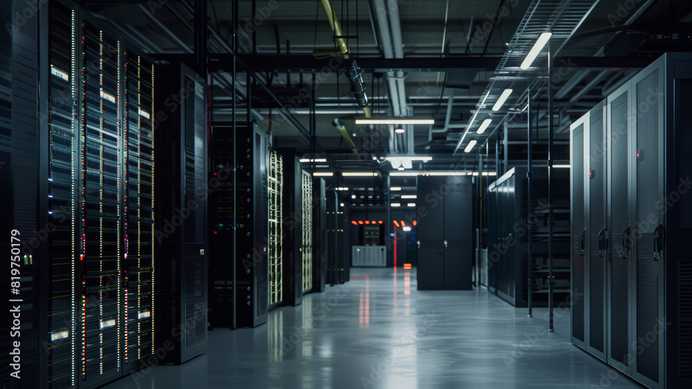 Twilight descends over a pristine data center aisle, where technology meets tranquility amid glowing server lights.