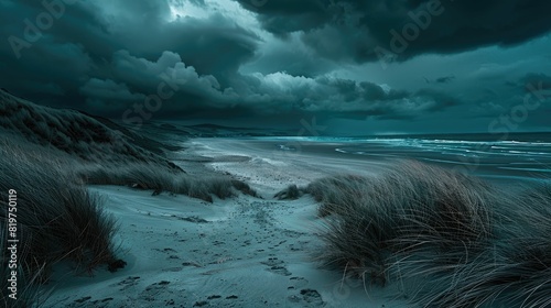 A sandy beach with wind waves crashing against the shore under a stormy sky filled with cumulus clouds, creating a dramatic natural landscape AIG50