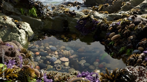 A serene tide pool filled with colorful seashells, sea anemones, and marine life near a rocky seashore on a sunny day, showcasing the beauty of coastal ecosystems. photo