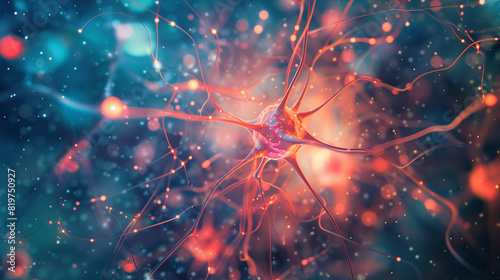 A close up of a neuron with red and blue colors