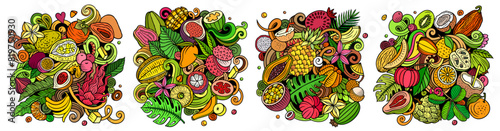 Exotic fruits cartoon vector doodle designs set. Colorful detailed compositions with lot of nature food objects and symbols banner.