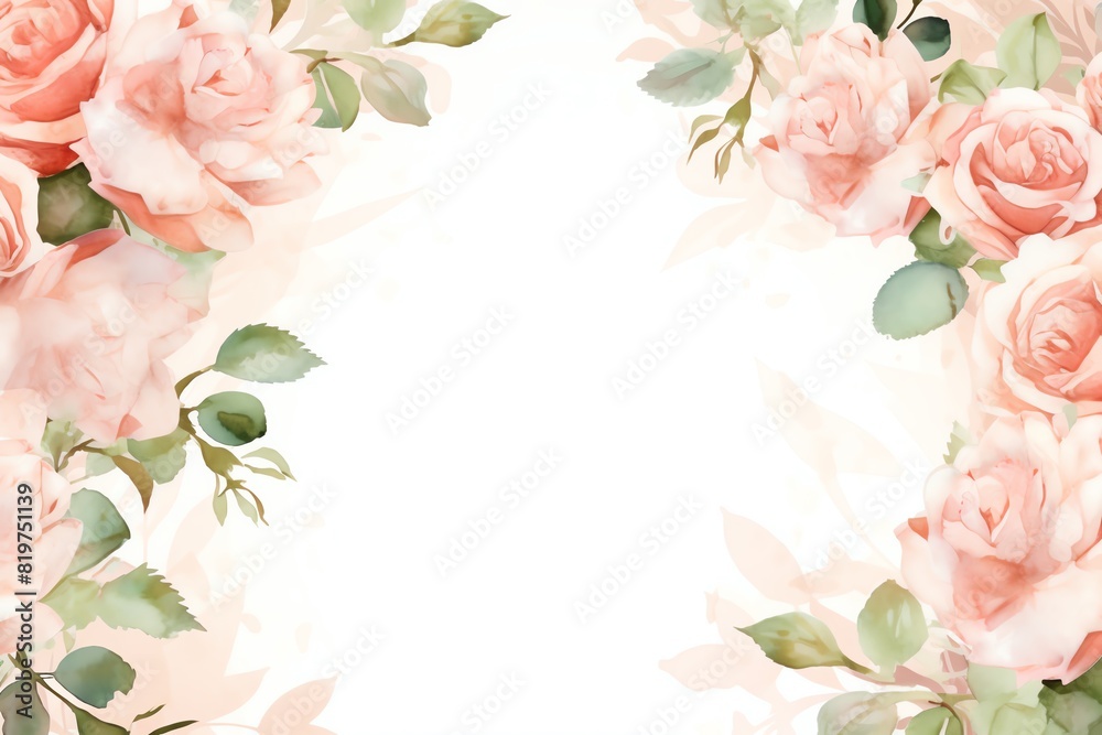 An elegant and sophisticated watercolor painting of pink roses and green leaves. The perfect backdrop for a wedding invitation, save-the-date card, or any other special occasion.