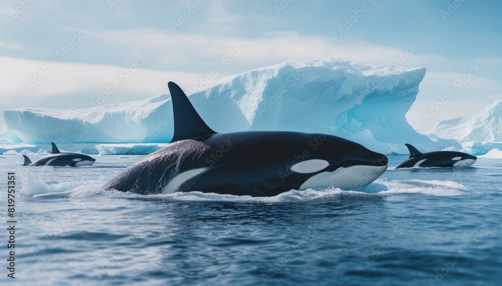 Fototapeta premium Groups of Orcas or killer whales swim and hunt for prey, the top of the food chain in a sea of ice floes