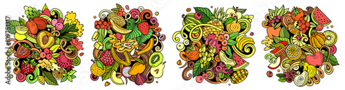 Fresh fruits cartoon vector doodle designs set. Colorful detailed compositions with lot of nature food objects and symbols banner.