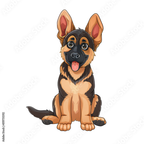 Cute cartoon character of German Shepherd puppy in comic style illustration isolated on transparent background.