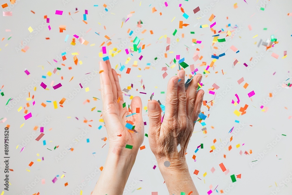 Detailed shot of clapping hands with confetti, isolated on white background, perfect for party and celebration themes Detailed shot of clapping hands with confetti, isolated on white background, perfect for party and celebration themes