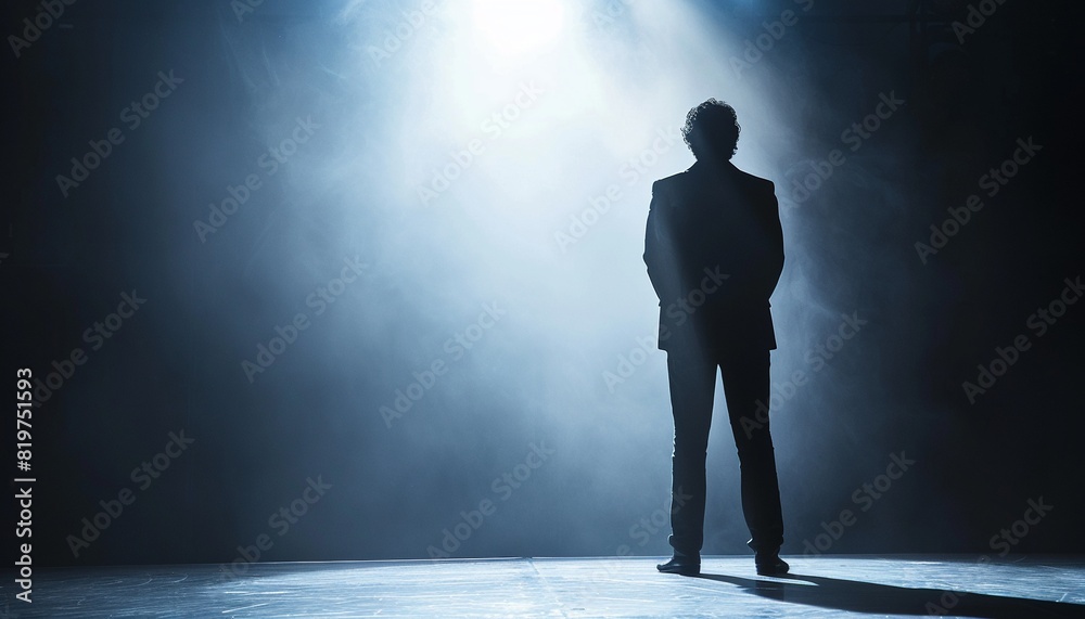 Fototapeta premium Celebrity on stage with a spotlight, seen from behind, isolated on white background, ideal for performance and entertainment themes