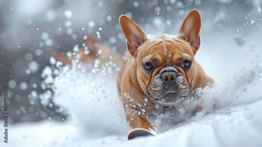 French Bulldog skiing down a steep mountain slope with perfect form French Bulldog skiing down a steep mountain slope with perfect form