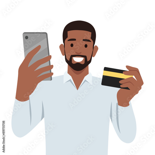 Smiling man holds smart phone and credit card. Flat vector illustration isolated on white background