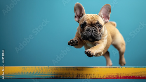French Bulldog performing gymnastics, executing a flawless flip on the balance beam, isolated on blue background with copy space
