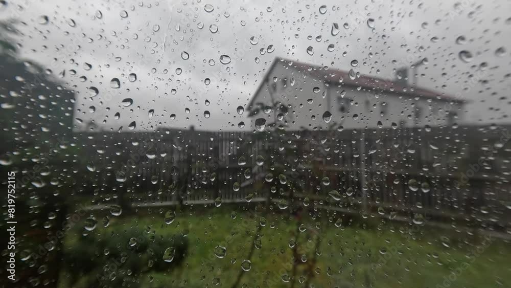 Closeup shot of rain drops on the glass window with plants moving by the wind in the background