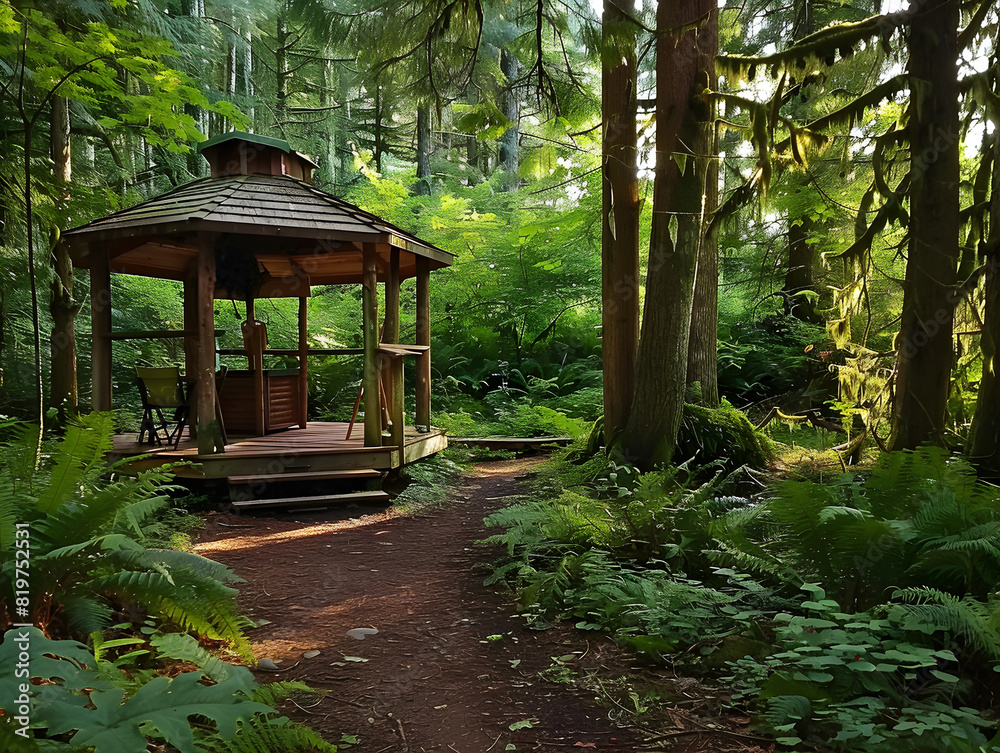 Serene Woodland Scene with Quaint Wooden Gazebo in Lush Green Forest Setting | Hexagonal Shingled Roof, Black Wooden Chairs, and Table | Picturesque Nature Retreat for Tranquil Outdoor Relaxation Serene Woodland Scene with Quaint Wooden Gazebo in Lush Green Forest Setting | Hexagonal Shingled Roof, Black Wooden Chairs, and Table | Picturesque Nature Retreat for Tranquil Outdoor Relaxation