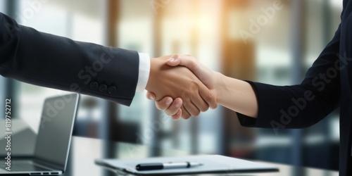 Businessmen shake hands greeting getting acquainted in office. Generative AI. © Nadejda