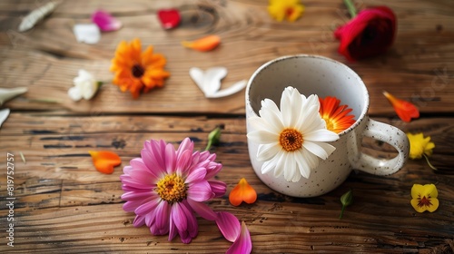 Beautiful flowers with a flower petal in the cup on wooden background  flowers in a ceramic mug on a linen table  cosmetic cream and white flowers on black wooden table 