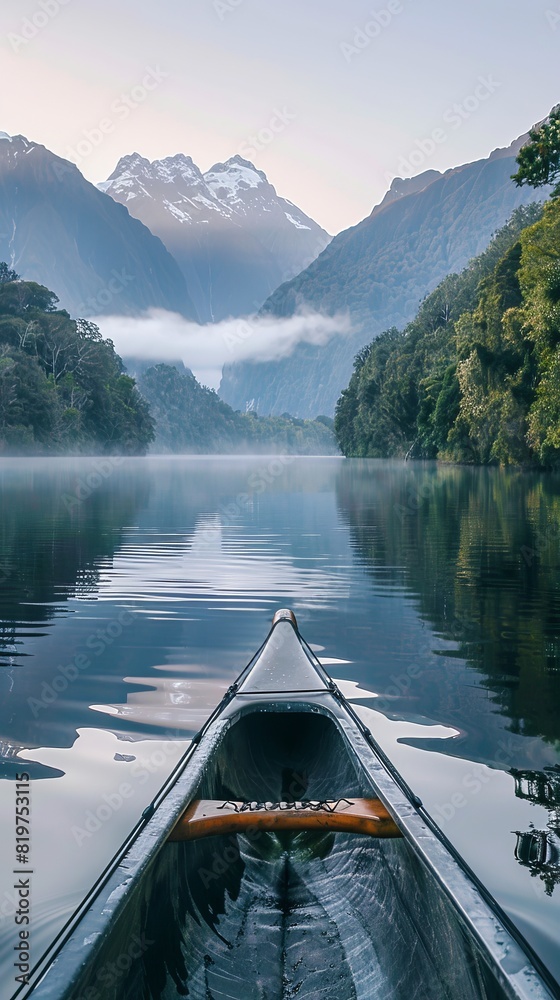 Peaceful morning kayak in New Zealand, mist over the lake, mountains in the distanc Peaceful morning kayak in New Zealand, mist over the lake, mountains in the distanc