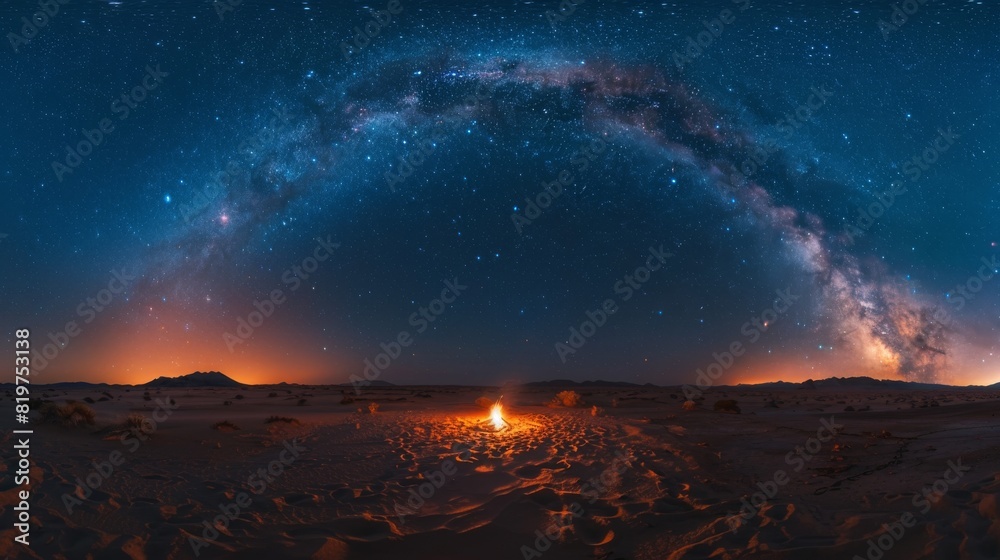 Night camping under the stars in the Mojave Desert, campfire, peaceful and vast starry sky, Night camping under the stars in the Mojave Desert, campfire, peaceful and vast starry sky,