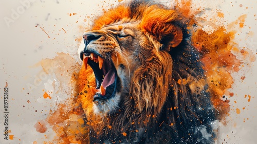 A regal lion roaring, isolated on a white background with golden and brown watercolor splashes photo