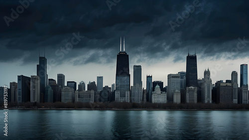 Dark moody atmosphere showcasing Chicago's skyline with ominous clouds overhead veiling the skyscrapers © Heruvim