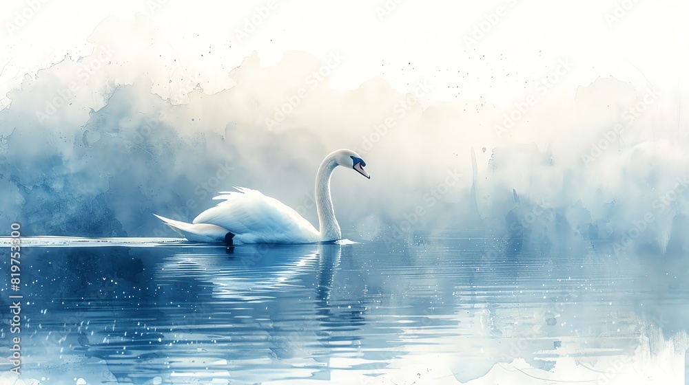 A serene swan gliding across a lake, with a background of blue and white watercolor