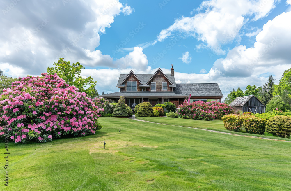 A beautiful home with blooming rhododendrons and other flowers in the front yard, surrounded by green grass on both sides.