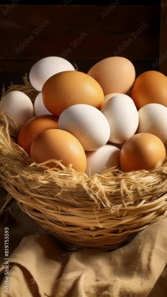 A basket full of eggs with some of them being white and some being brown A basket full of eggs with some of them being white and some being brown