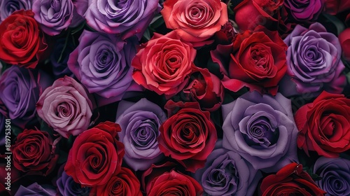 Beautiful red and purple roses background. Top view. Flat lay,Beautiful big bouquet of red roses and the color for the background