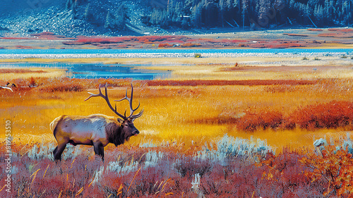 Superb Usa, Wyoming, Yellowstone National Park, Bull Elk near Mammoth