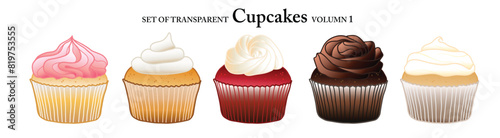 Cupcakes in colorful colors on transparent background. Set of isolated dessert illustration in hand drawn style. Food elements for coloring book, sticker or design. Volume 1.