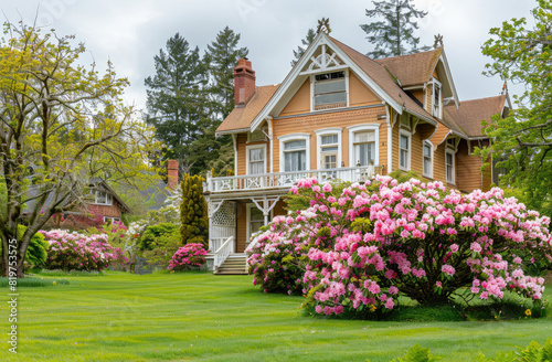A beautiful home with blooming rhododendrons and other flowers in the front yard, surrounded by green grass on both sides. © Kien
