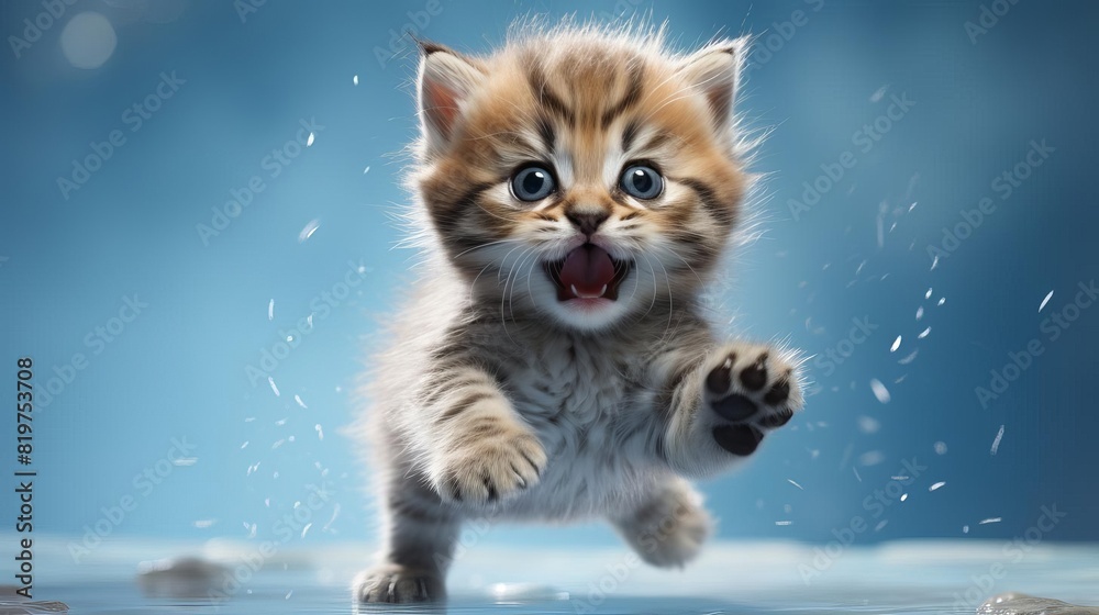 A cute kitten is running across a wet surface, its fur matted to its body. The kitten's eyes are wide with fear, and its mouth is open in a silent cry