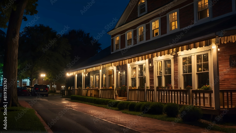 Fototapeta premium A charming restaurant with illuminated string lights, offering a welcoming atmosphere at night on a peaceful tree-lined street