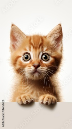 An adorable orange kitten with wide eyes and fluffy paws is peeking over a blank sign. The kitten has a curious expression on its face and is looking up at the viewer