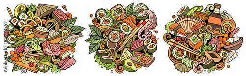 Cartoon vector Sushi doodle illustration features a variety of Japanese Cuisine objects and symbols. Bright colors whimsical funny picture.