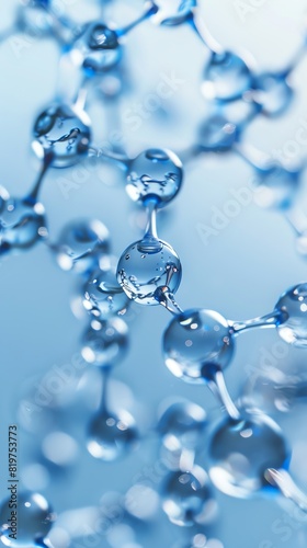 Close-up image of molecular structure with blue background, representing science, chemistry, and biotechnology concepts.