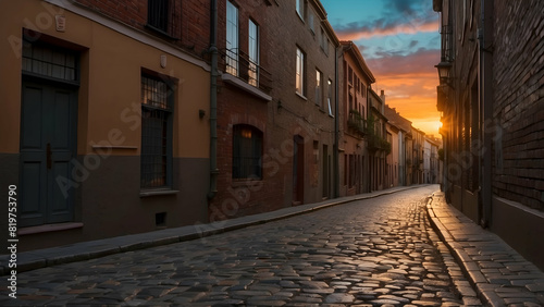 An empty cobbled street basked in the warm glow of sunset with historical buildings on either side  creating a tranquil scene