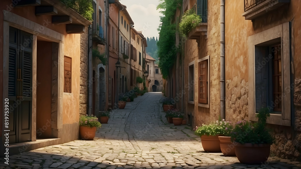 A charming and serene European alleyway bathed in sunlight, lined with historic buildings and potted plants