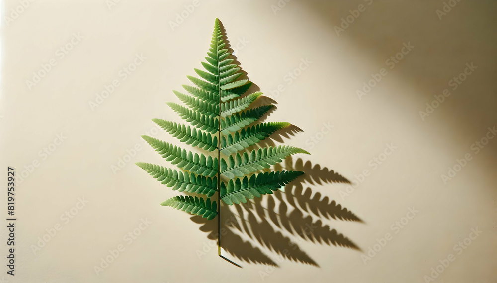 Single Green Fern Leaf with Shadow on Beige Background, Single green fern leaf casting a detailed shadow on a beige background