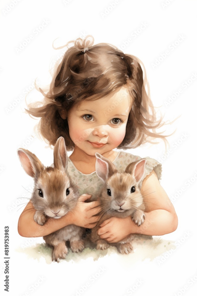 Adorable young girl holding two cute rabbits, capturing the innocence and joy of childhood with her furry friends. Perfect for family-themed projects.