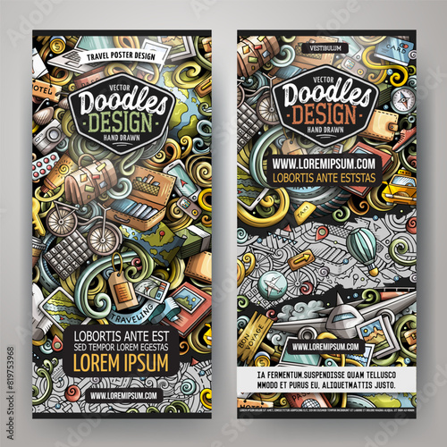 Cartoon vector doodle set of Travel planning banners templates. Corporate identity for the use on apps, branding, flyers, web design. Funny Traveling colorful illustration.