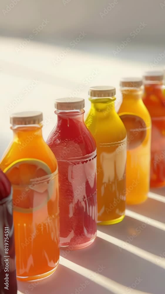 A row of colorful bottles of juice lined up on a table. The bottles are of different colors and sizes, and they are all lined up in a row. The bottles are made of glass and have lids A row of colorful bottles of juice lined up on a table. The bottles are of different colors and sizes, and they are all lined up in a row. The bottles are made of glass and have lids