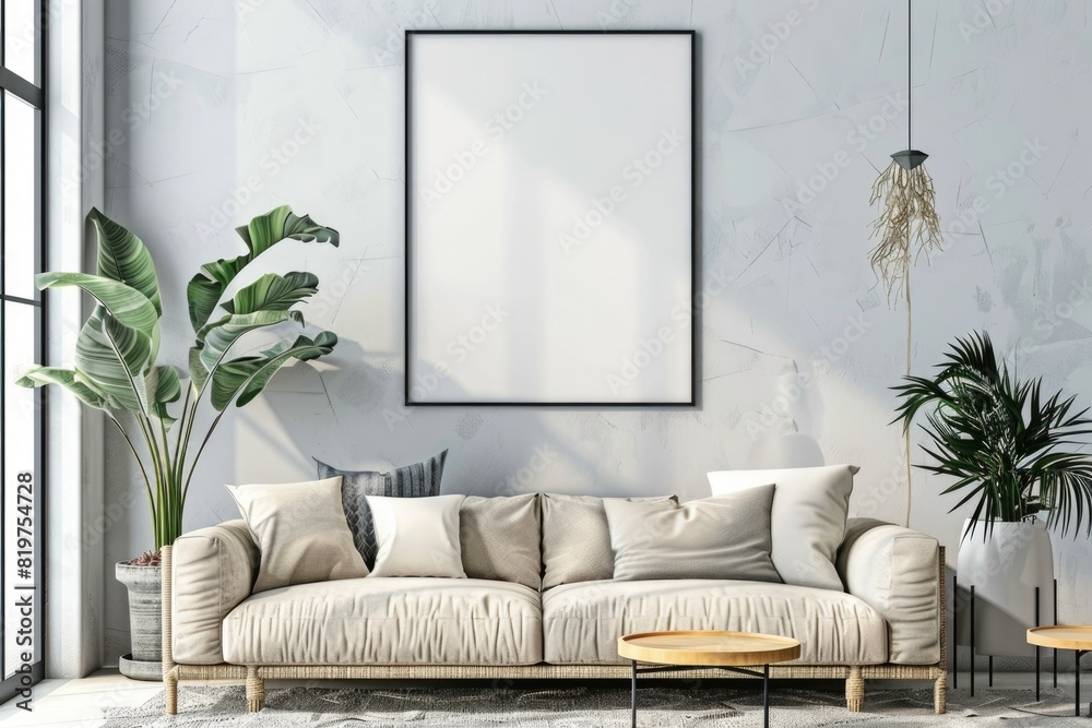 Modern Living Room with Poster Frame Mockup on Minimalist Wall Decor Modern Living Room with Poster Frame Mockup on Minimalist Wall Decor