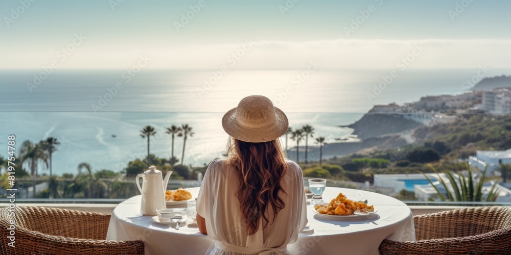 Young woman sitting at a table in a hotel restaurant back view, summer vacation in a luxury room by the sea. Generative AI.