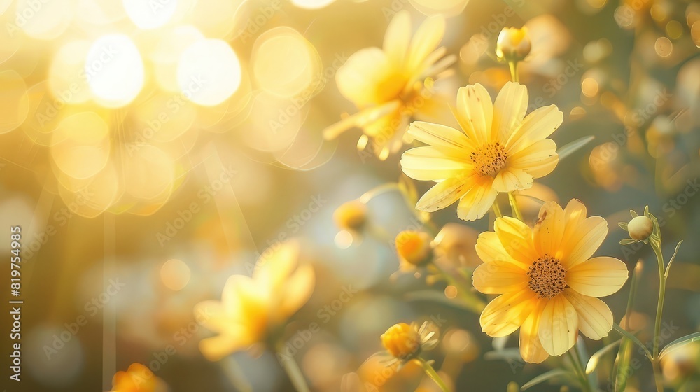 Beautiful Cosmos flowers with the sky
 Yellow flowers on softly blurred background          flower in sunset   Yellow daisy,Yellow flowers field with warm light flare for background