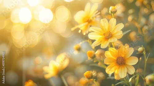 Beautiful Cosmos flowers with the sky Yellow flowers on softly blurred background flower in sunset Yellow daisy,Yellow flowers field with warm light flare for background