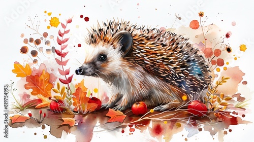 Charming watercolor clipart of a hedgehog, single object, isolate on white background, emphasizing spiky textures and a cute nose photo